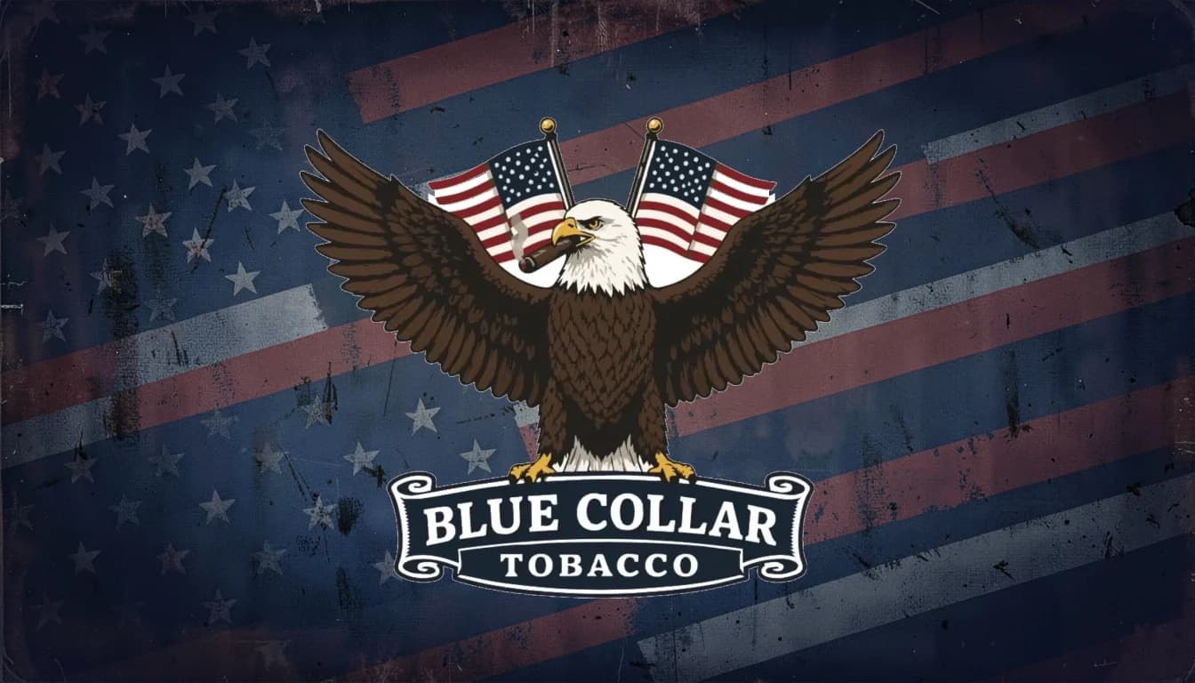 Blue Collar Tobacco eagle and flags emblem