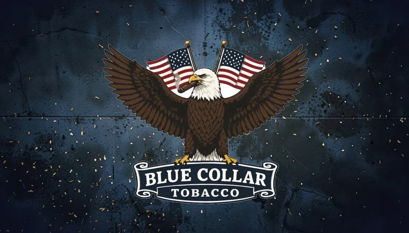 Blue Collar Tobacco eagle and flags emblem