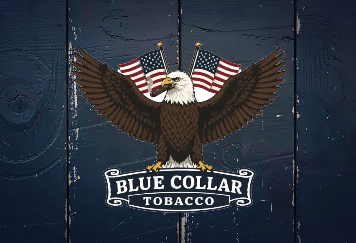 Blue Collar Tobacco eagle and flags emblem on weathered navy wood