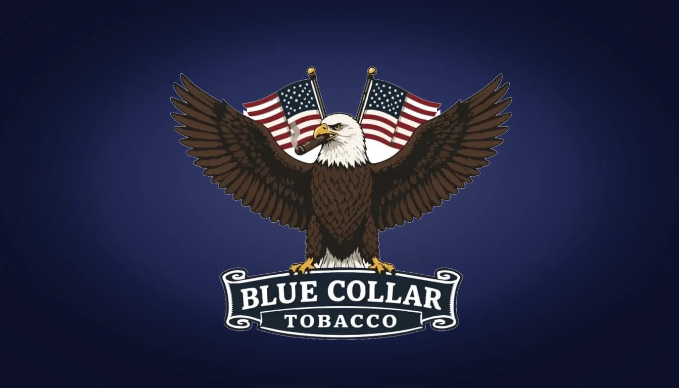 Blue Collar Tobacco eagle and flags emblem